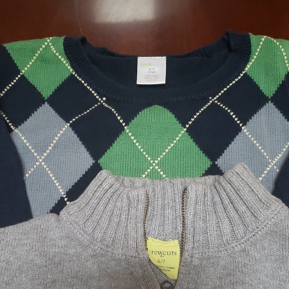 2 Crewcuts Sweaters Navy & Green, Argyle And Gray Zip Sweater